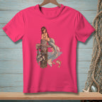 Pink t-shirt with illustration of a mermaid and fish by a wooden post.