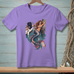 Purple t-shirt with a graphic of a mermaid by a pier with a boat and champagne.