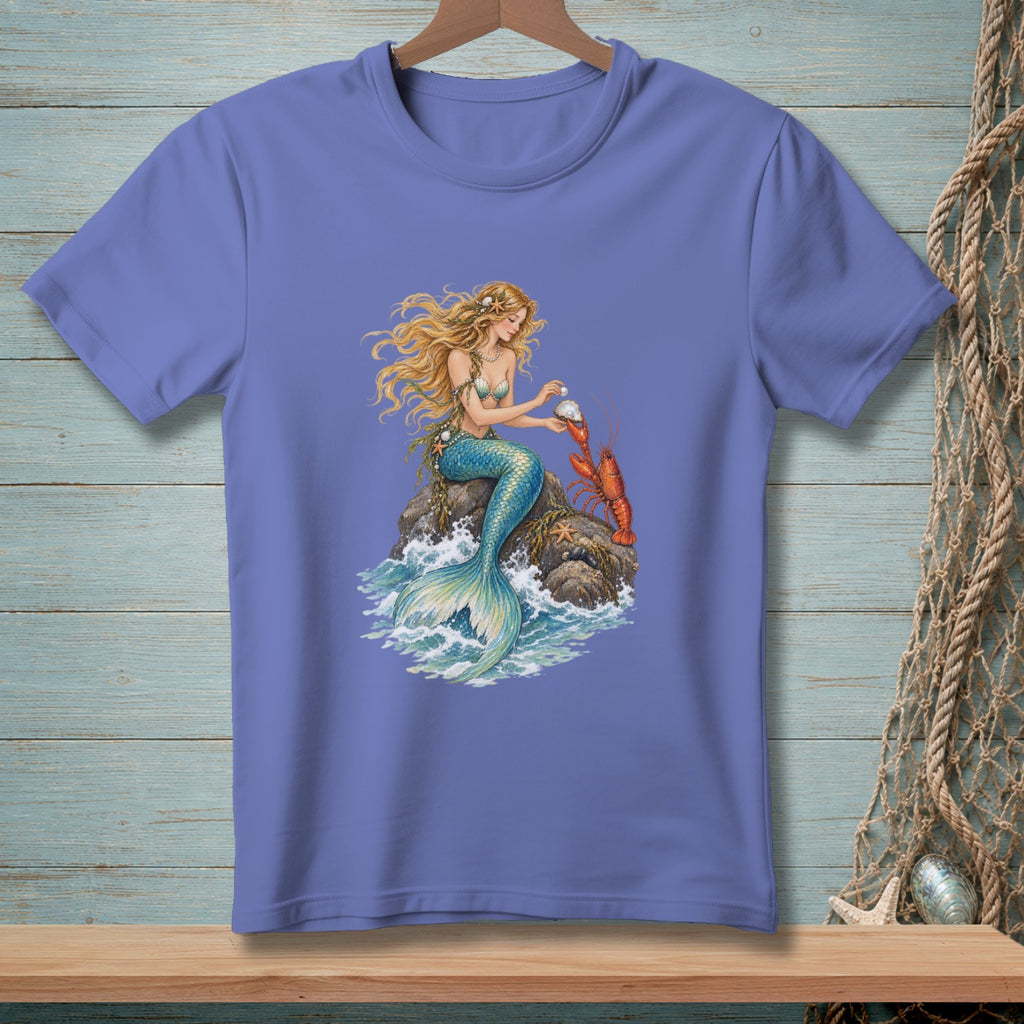 Mermaid holding a pearl with a lobster on a rock in the sea.