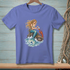 Mermaid holding a pearl with a lobster on a rock in the sea.