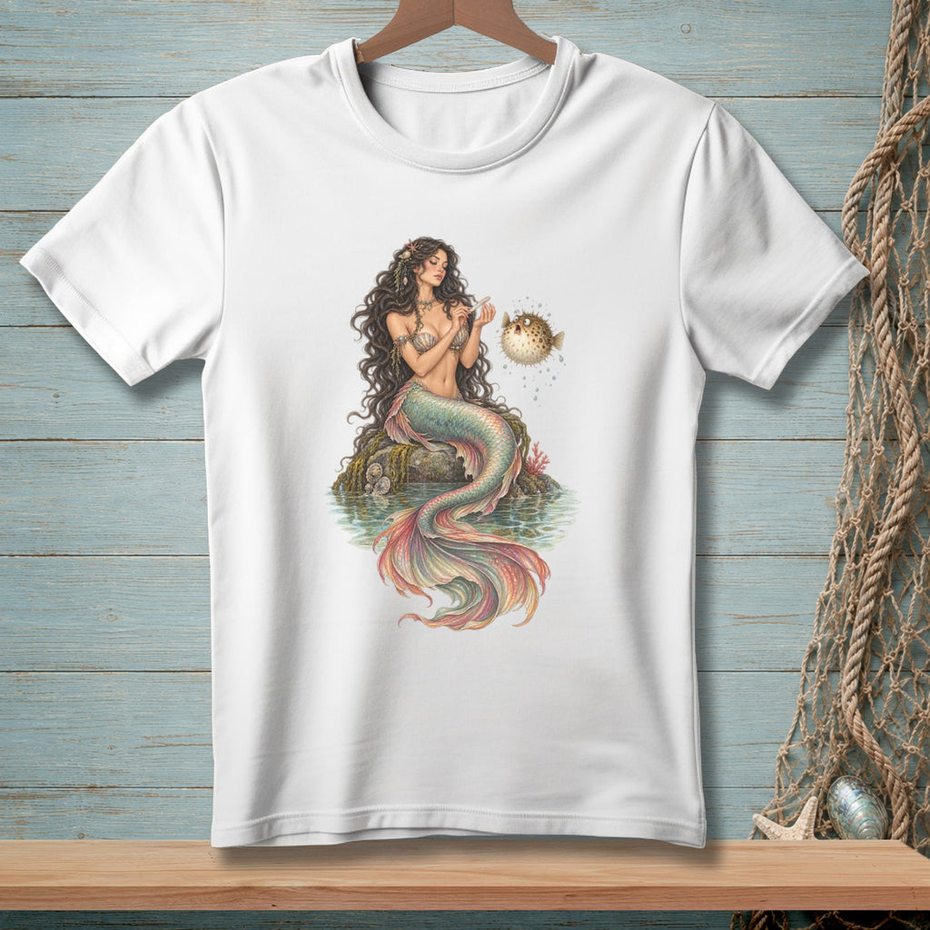 White t-shirt with a detailed illustration of a mermaid interacting with a pufferfish.