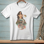 White t-shirt with a detailed illustration of a mermaid interacting with a pufferfish.