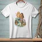 Two mermaids with colorful tails sit on a rock with a pearl and a basket.