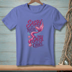 Purple t-shirt with "Sassy by Nature, Salty by Choice" mermaid graphic.