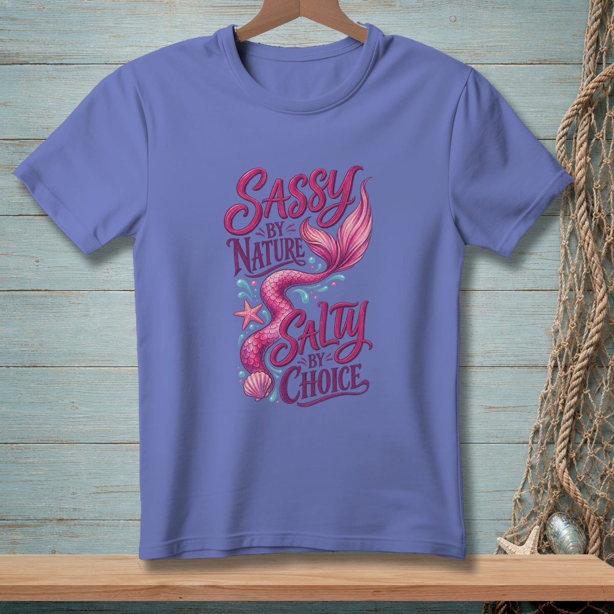 Purple t-shirt with "Sassy by Nature, Salty by Choice" mermaid graphic.