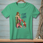 Mermaid and lobster with "Claw and Order" text on a green t-shirt.
