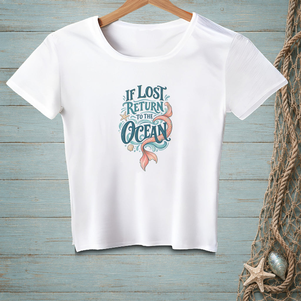 White t-shirt with "If Lost Return to the Ocean" and mermaid tail graphic.