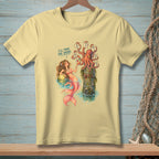 Mermaid with a drink next to an octopus on a post, with signs.
