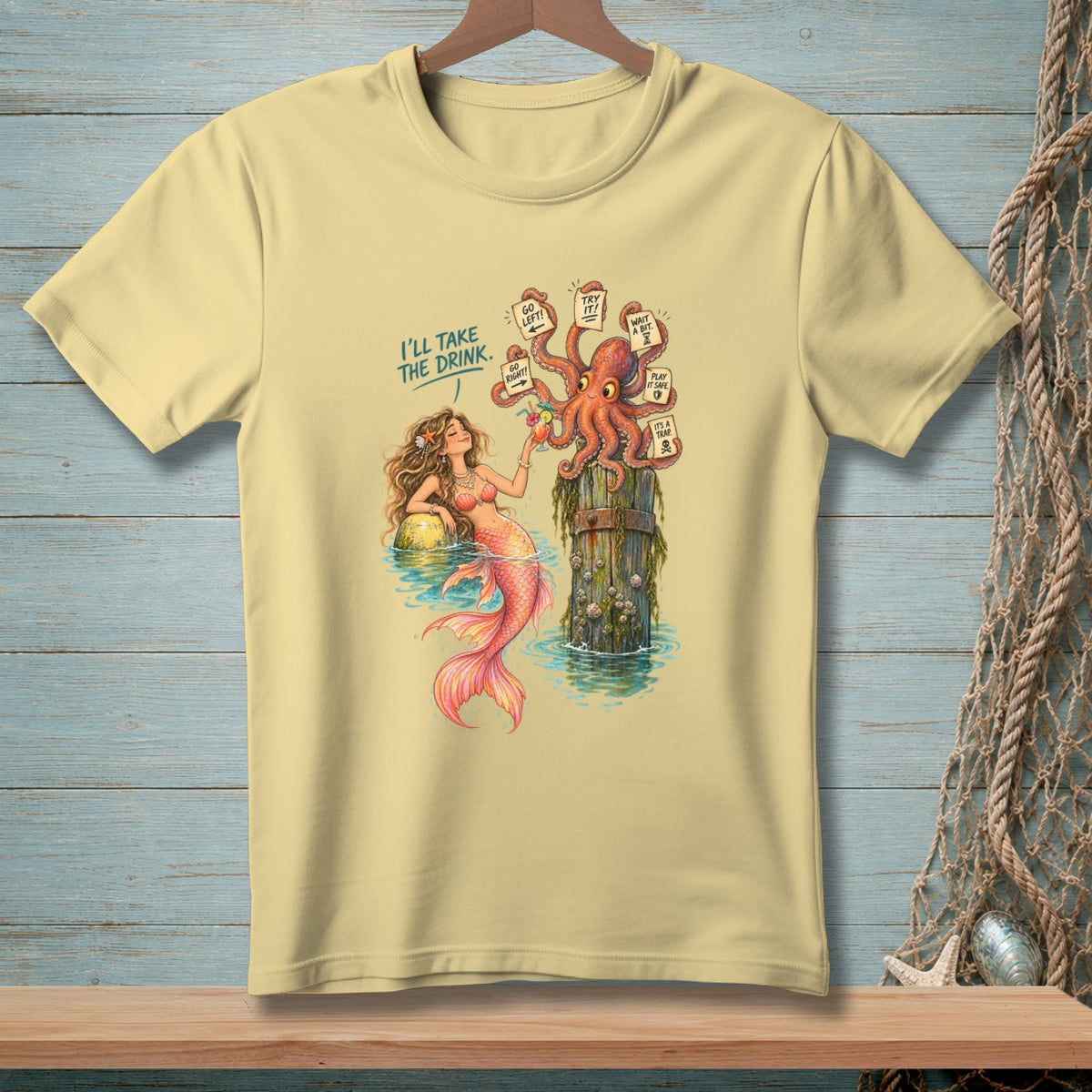 Mermaid with a drink next to an octopus on a post, with signs.