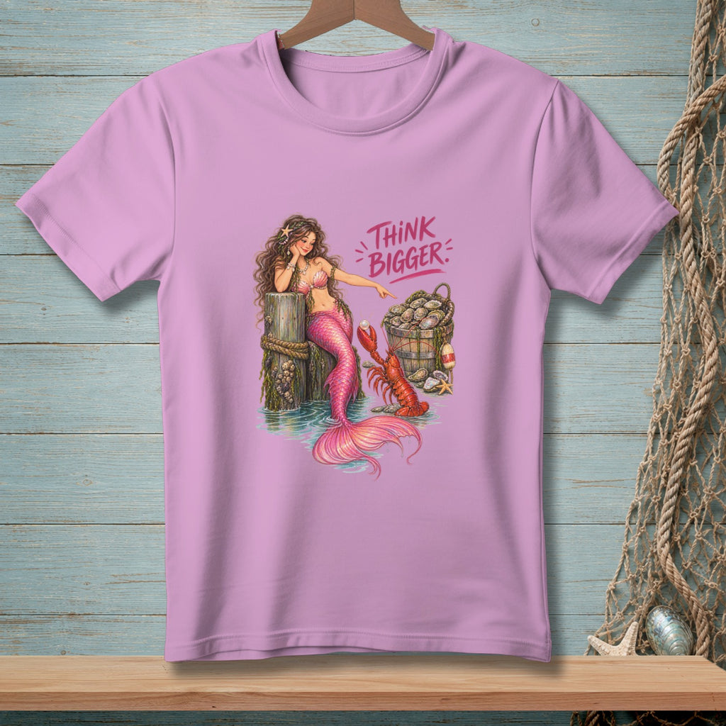 Pink t-shirt with mermaid, lobster, oyster bucket, and "THINK BIGGER" text.