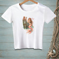 White t-shirt with illustration of mermaid and octopus looking in mirror, text "AS EXPECTED".
