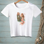 White t-shirt with illustration of mermaid and octopus looking in mirror, text "AS EXPECTED".