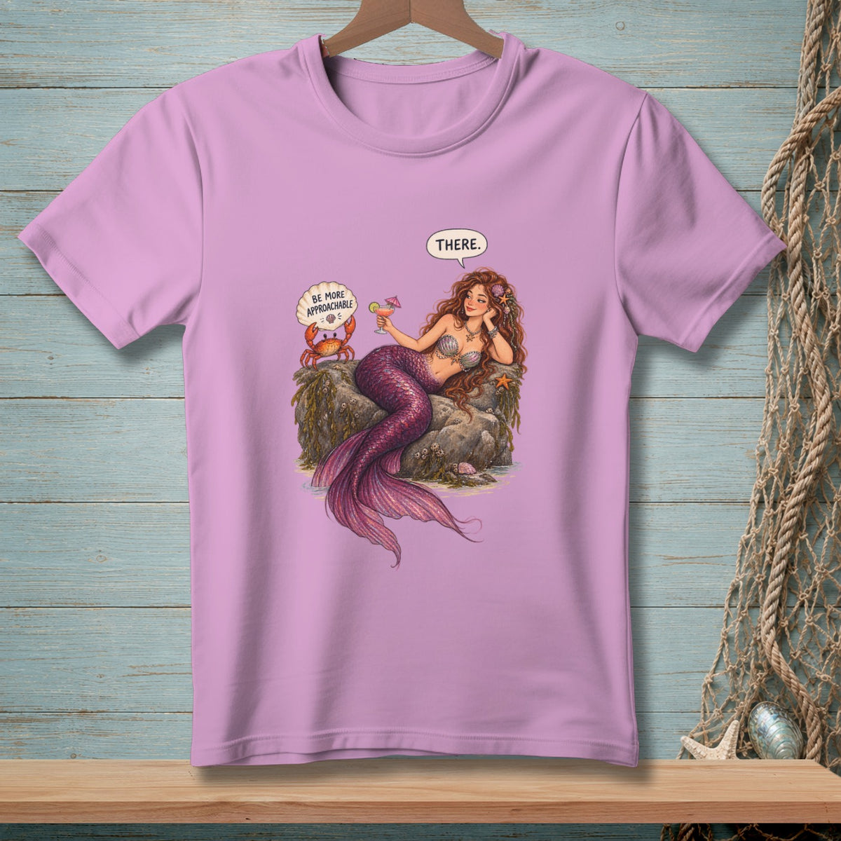 Illustration of a mermaid with a crab saying "Be More Approachable" and the mermaid saying "There."