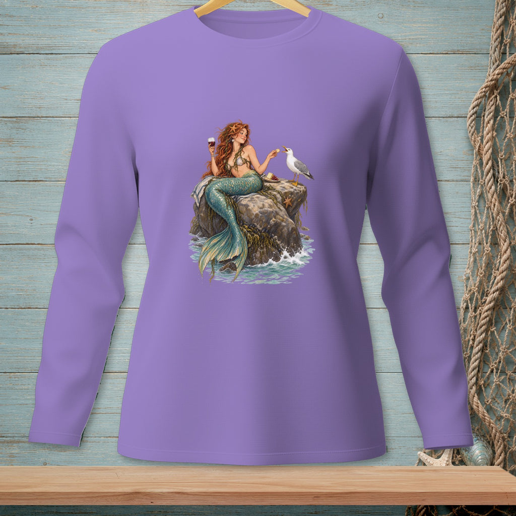 Mermaid holding wine, feeding a bird on a rock with ocean waves.