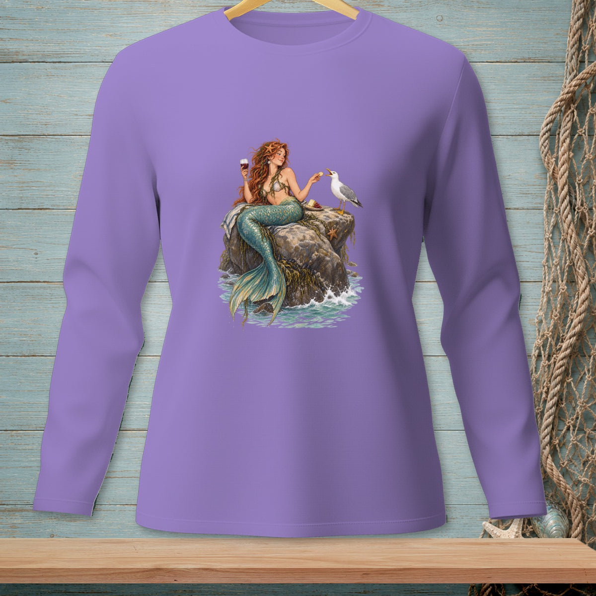 Mermaid holding wine, feeding a bird on a rock with ocean waves.