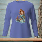 Long-sleeved shirt with a graphic of a mermaid and crab on a rock in the sea.
