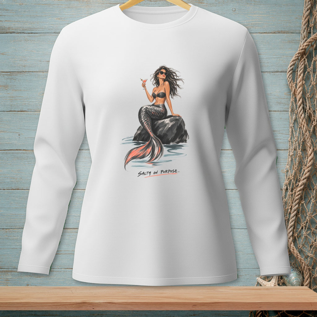 White long-sleeve shirt with a drawing of a mermaid holding a drink, text "SALTY ON PURPOSE."