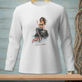 White long-sleeve shirt with a drawing of a mermaid holding a drink, text "SALTY ON PURPOSE."