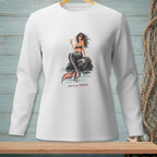 White long-sleeve shirt with a drawing of a mermaid holding a drink, text "SALTY ON PURPOSE."