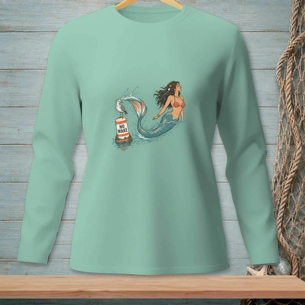 Mint green long-sleeve shirt with a graphic of a mermaid, a buoy, and a seagull.