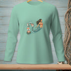 Mint green long-sleeve shirt with a graphic of a mermaid, a buoy, and a seagull.