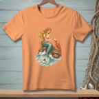 Mermaid with blonde hair, blue tail, and lobster on a rock in the ocean.