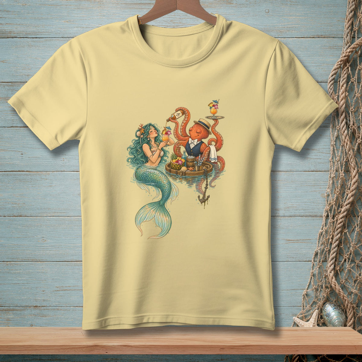 Light yellow t-shirt with mermaid and octopus serving drinks in a tropical setting.