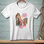 White t-shirt with mermaid pointing at lobster and saying "Think Bigger".