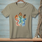T-shirt graphic of three mermaids with colorful tails gathered around a table.