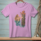 Mermaid and octopus interact near a barnacle-covered wooden post in water.