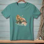 Teal t-shirt with illustration of a blonde mermaid on a rock holding a glass, "Plans Changed."