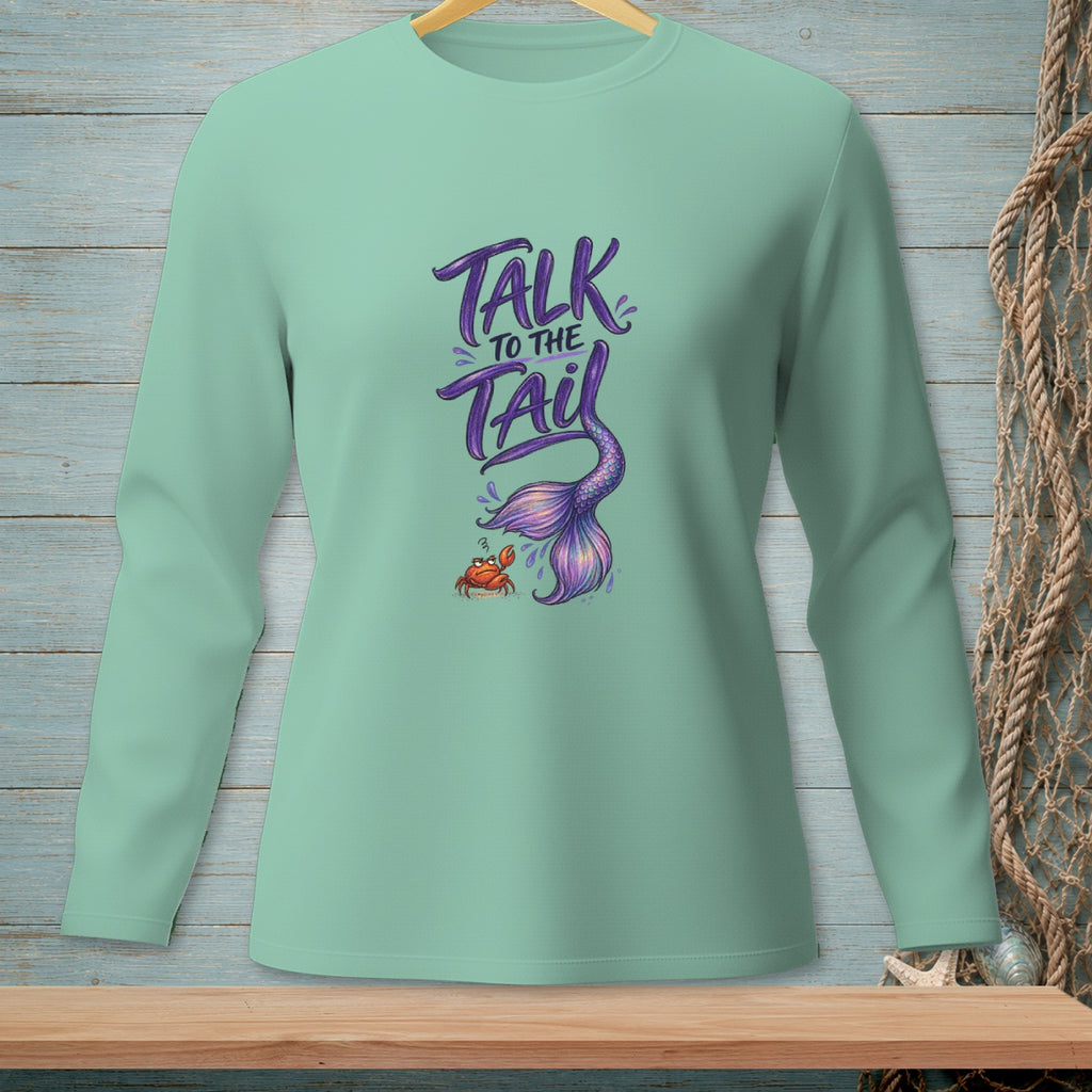 Long-sleeved shirt with "Talk to the Tail" graphic and a crab.