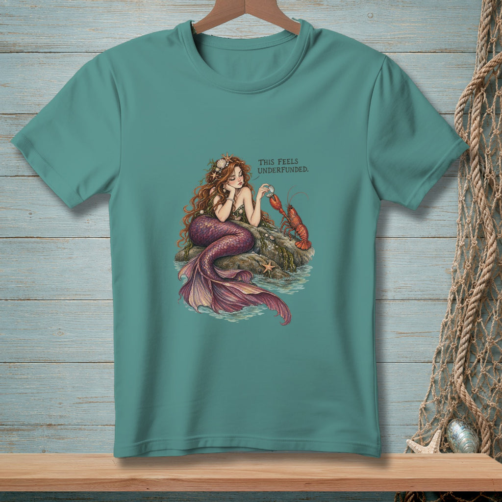 Mermaid with lobster on a rock, text reads "This feels underfunded."