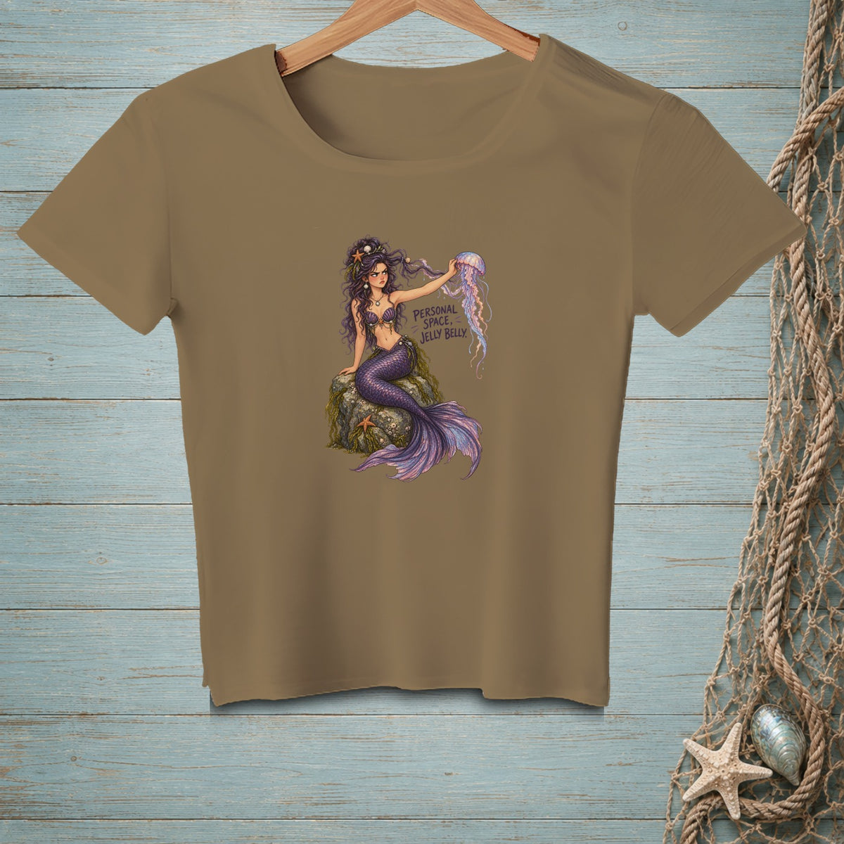 Brown t-shirt with mermaid holding jellyfish and text "Personal Space, Jelly Belly".