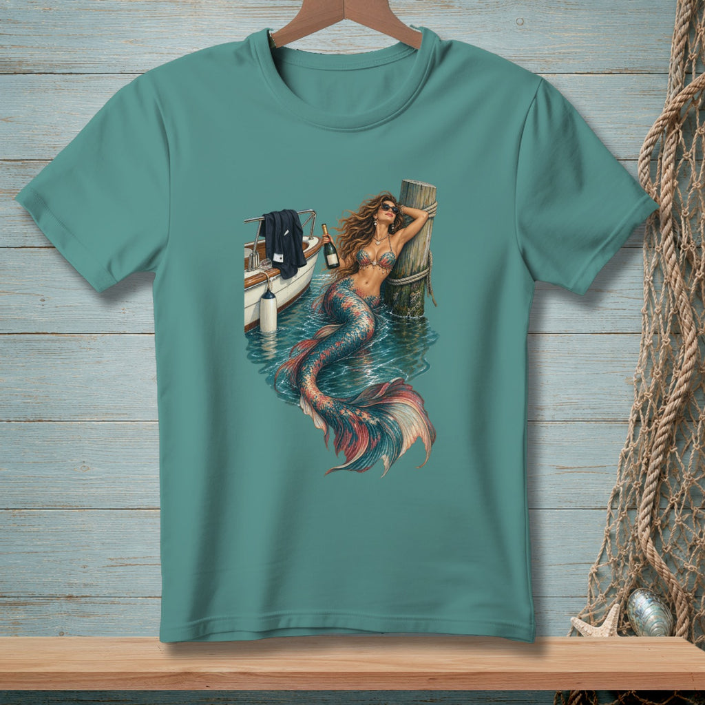 Mermaid in sunglasses leaning on post by boat with champagne bottle.