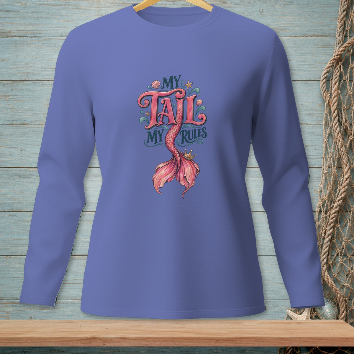 Purple long-sleeved shirt with "My Tail My Rules" and a mermaid tail graphic.