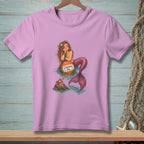Pink t-shirt with mermaid, crab, and buoy with text "Convince = Me.".
