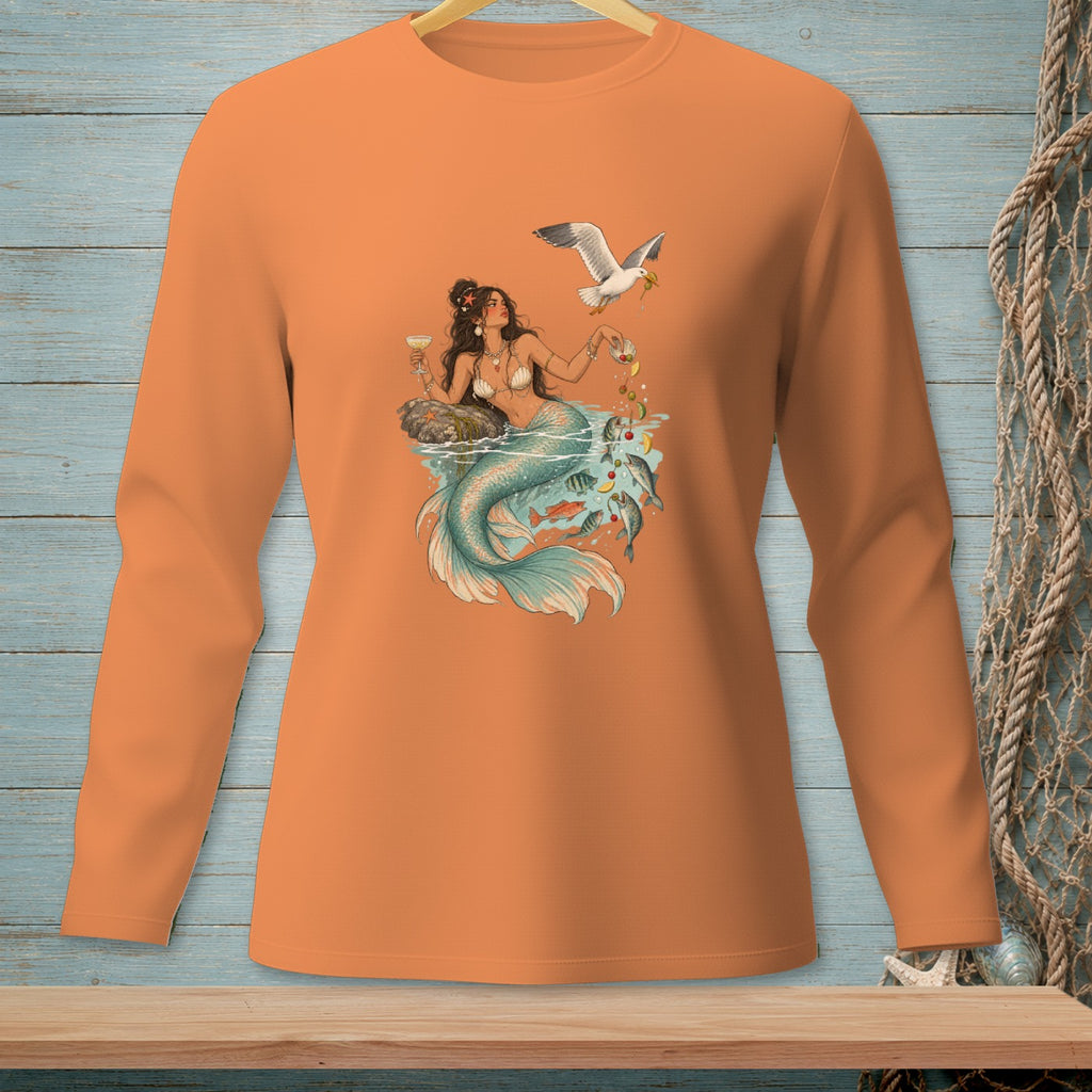 Long-sleeve orange shirt with a graphic of a mermaid, seagull, and fish.