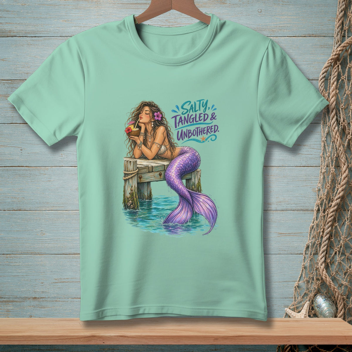 Mermaid relaxing on a dock drinking from a coconut with text "SALTY, TANGLED & UNBOTHERED."
